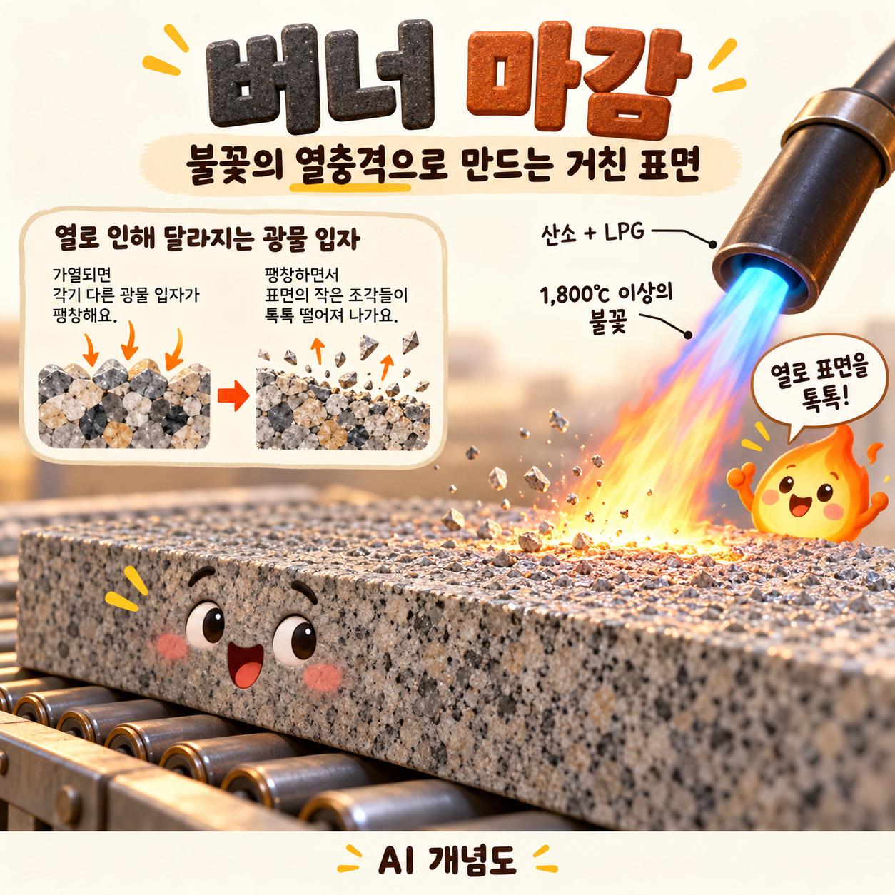 불꽃의 열로 석재 표면을 거칠게 만드는 버너 가공 원리를 표현한 AI 개념도