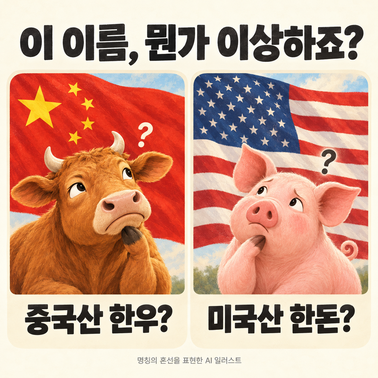 포천석은 색깔 이름이 아닙니다 글 표지: 중국 국기 앞의 소와 미국 국기 앞의 돼지로 명칭의 혼선을 표현한 AI 일러스트