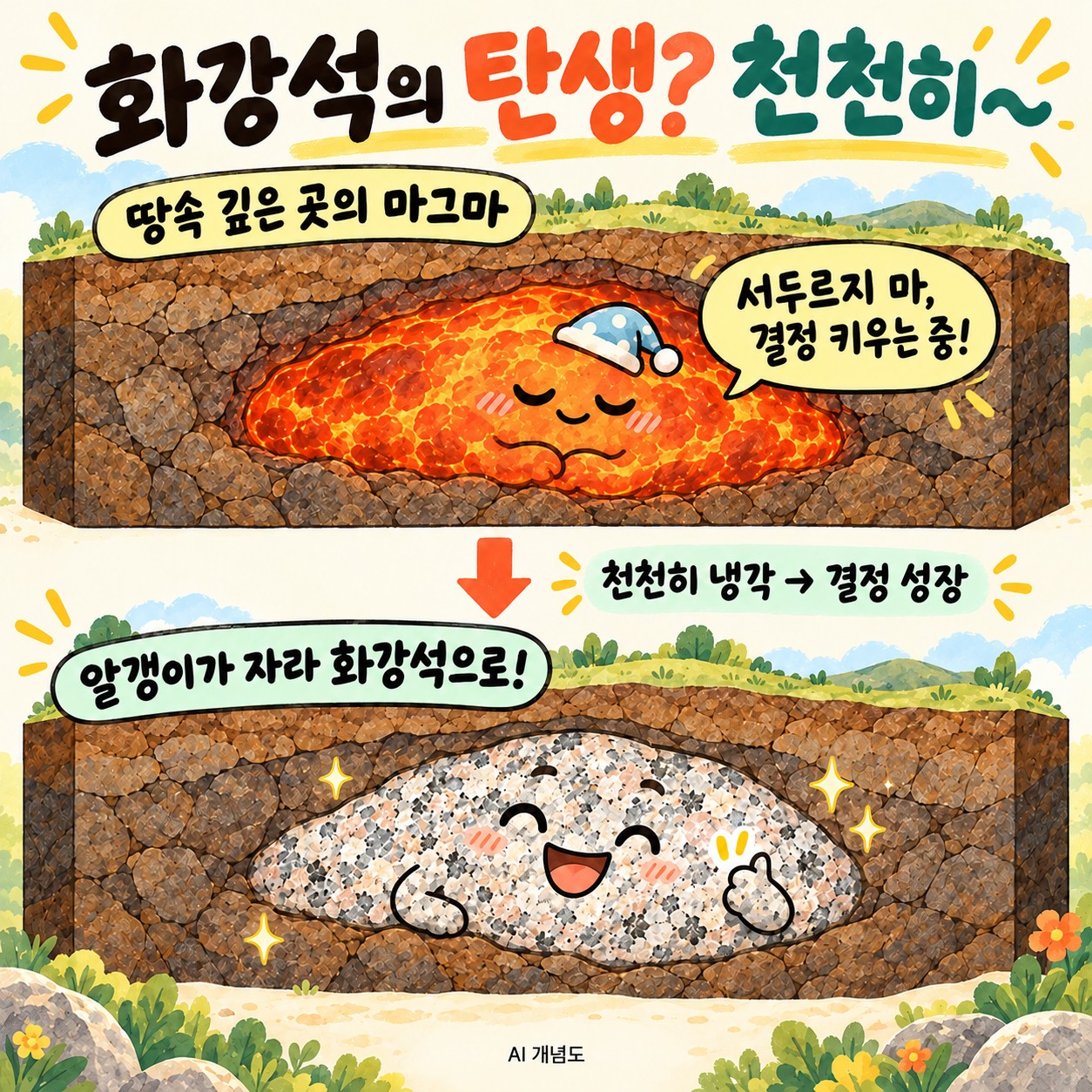 화강석의 탄생: 땅속 마그마가 천천히 식어 결정이 성장하는 과정을 표현한 AI 개념도