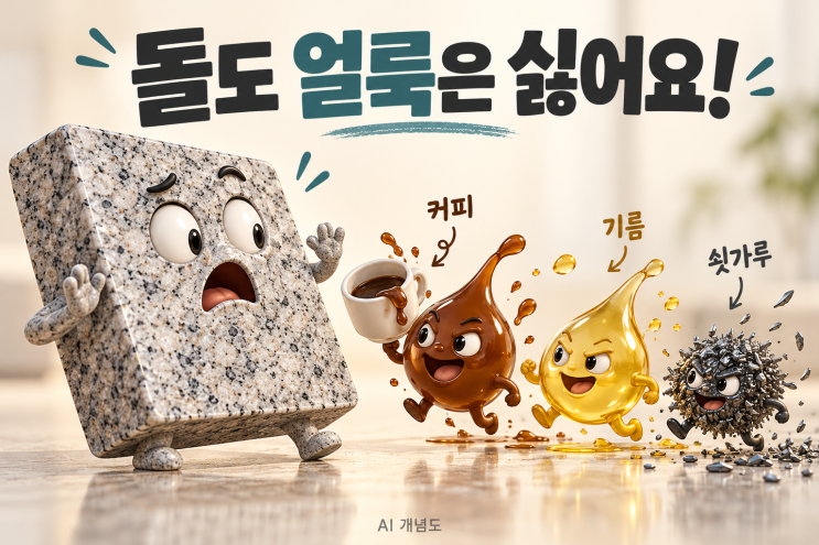 커피·기름·쇳가루와 화강석을 표현한 석재 오염 예방 글의 AI 개념도
